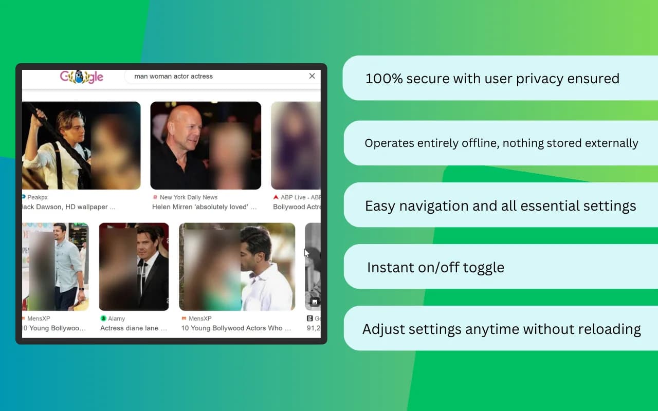 Porda AI browser extension blurring inappropriate images in Google Image search results, alongside its feature list