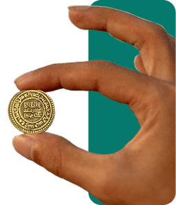 A hand holding a golden coin, symbolizing a donation.